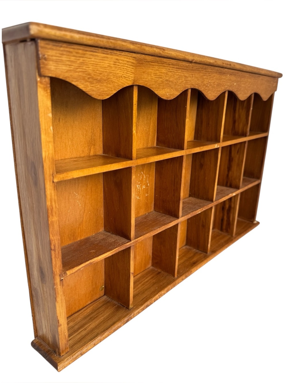 Vintage Wooden Wall Display Trinket Shelf 15 Cubbies Dividers Country Curio